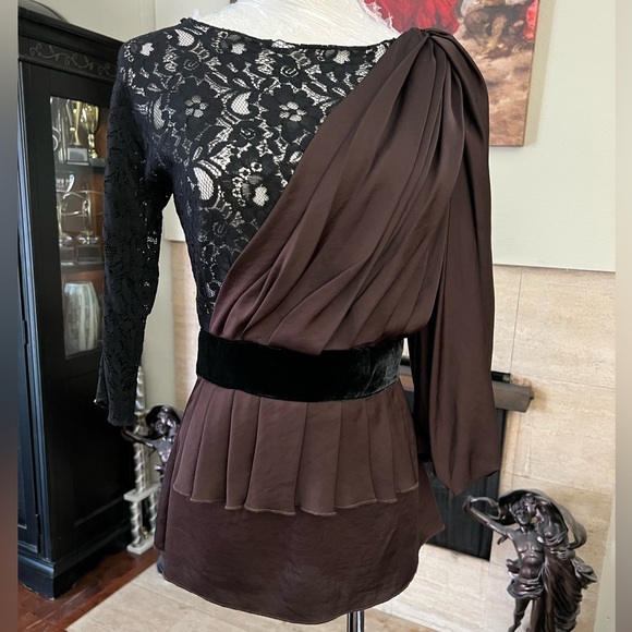 Tops - Women's Brown Lace & Draped One-Shoulder Top